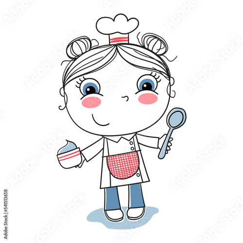 Illustration of a little girl cook with a cooking bowl and a spoon in her hands