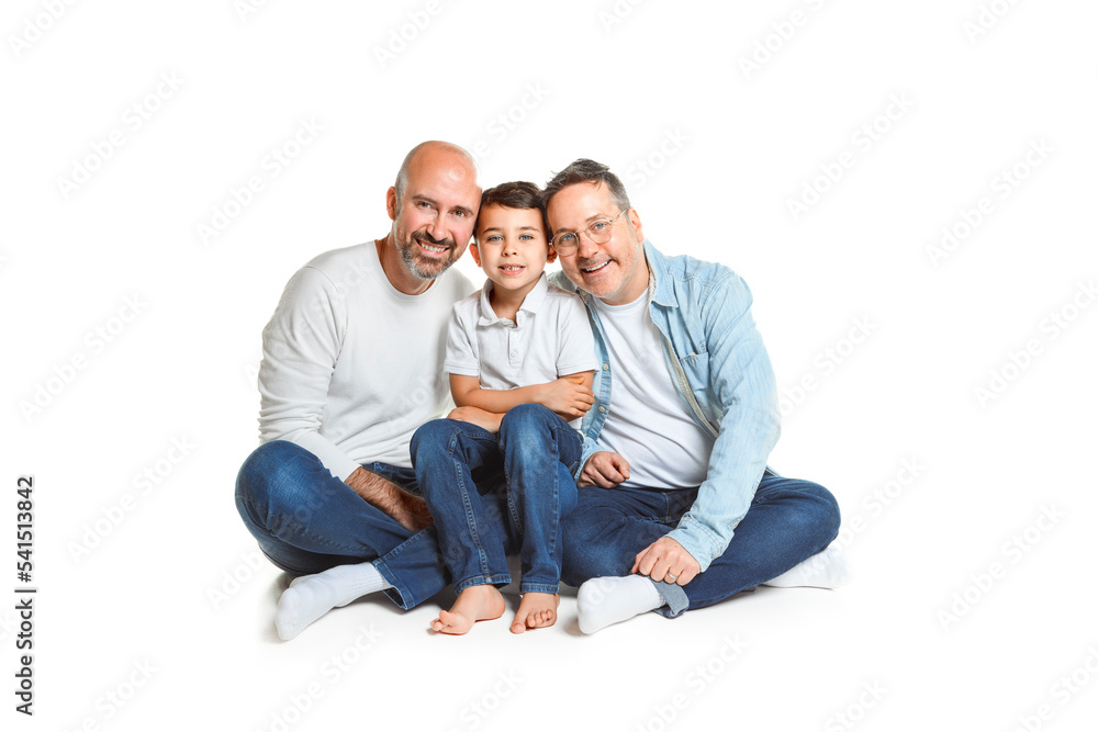 Two man couple with adopted child on white background Two man couple with adopted child on white background