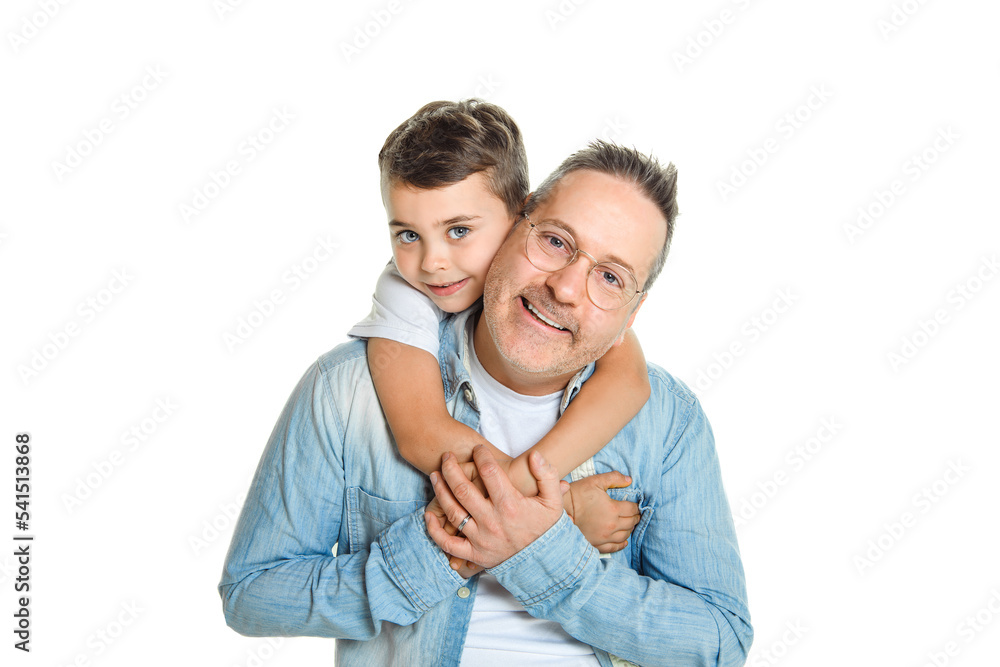Happy men with adopted child on white background Happy men with adopted child on white background