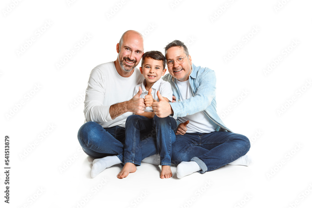 Two man couple with adopted child on white background Two man couple with adopted child on white background