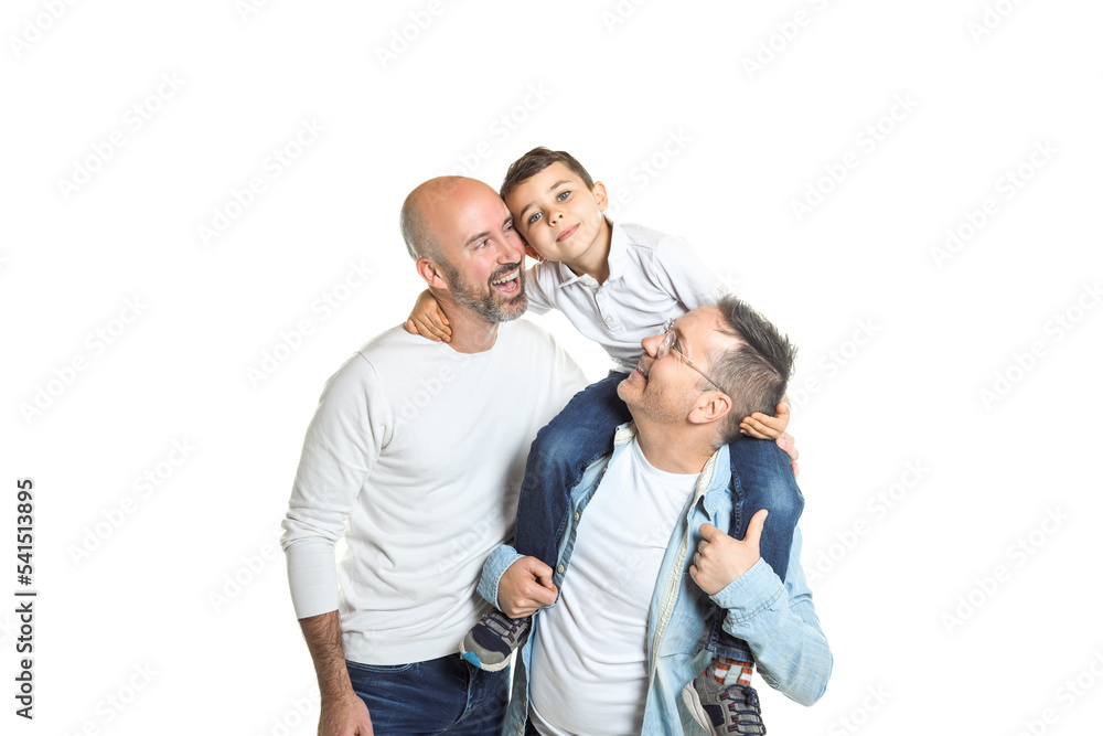 Two man couple with adopted child on white background Two man couple with adopted child on white background