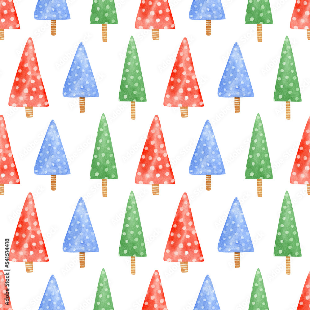 Seamless christmas tree pattern. Watercolor holidays background with cartoon green, red and blue christmas trees with dots texture for wrapping paper, textile