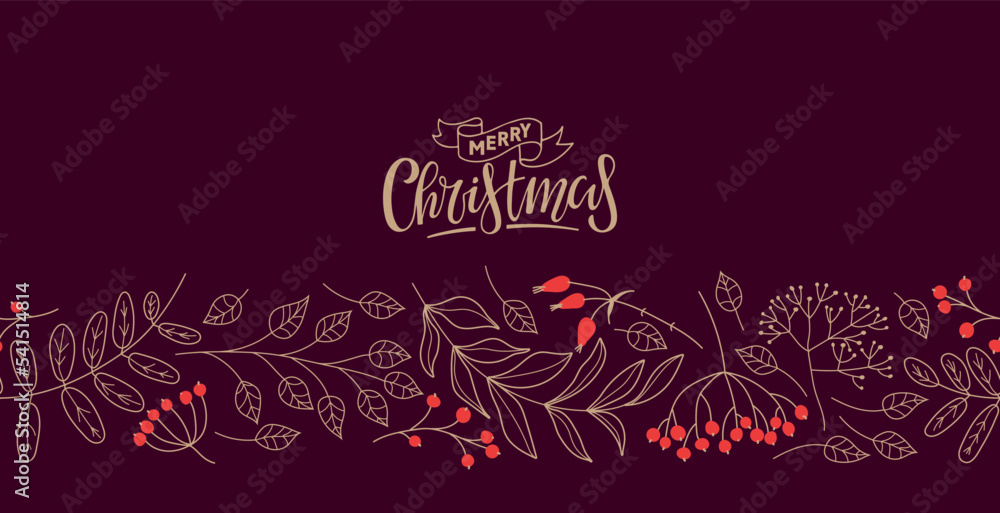 Natural seamless border with red Berries, twigs, merry christmas calligraphy lettering. Floral winter vector Design for wallpaper, wrapping, scrapbooking, manufacturing. Christmas Repeated background