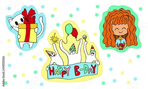 Birthday stickers set. Girl holding little cake with candle  cat with gift box  three ghosts witn birthday objects. Hand drawn vector illustration isolated on white. 