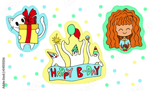 Birthday stickers set. Girl holding little cake with candle, cat with gift box, three ghosts witn birthday objects. Hand drawn vector illustration isolated on white. 