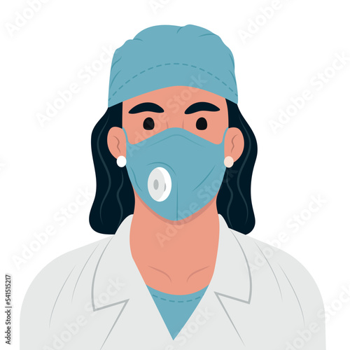 Female doctor in lab coat, mask and headdress.Flat vector illustration