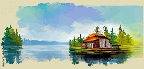 illustration vector graphic of lake house on watercolor painting style good for print on postcard, poster or background