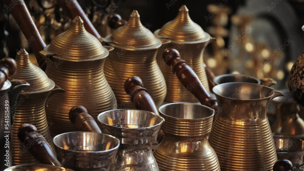 Shop Market in Istanbul, Sale of Traditional Turkish Turks Pots for making coffee, Different Classic Barista Devices in Store. Shop Market in Istanbul, Sale of Traditional Turkish Turks Pots for making coffee, Different Classic Barista Devices in Store.