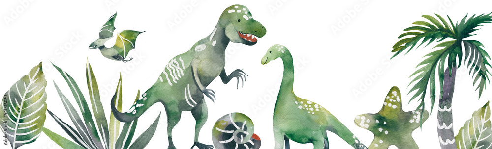 Fototapeta premium Many dinosaur on wooden board. Watercolor Jurassic border with dino. Dino Park Poster. 