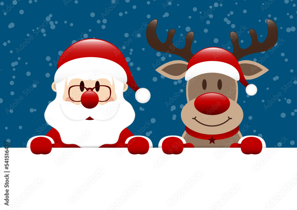 Weihnachtsmann Und Rentier Banner Schnee Dunkelblau Dunkelrot