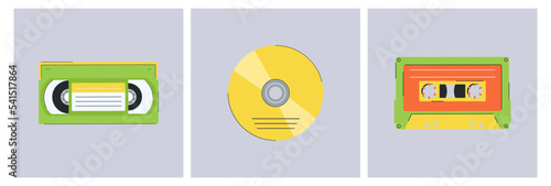 Set of cassete and disk of the 1990s. Set of vector elements in retro design. 90's style vector objects.
