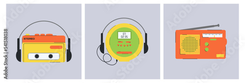 Set of audio and CD player of the 1990s. Set of vector elements in retro design. 90's style vector objects.