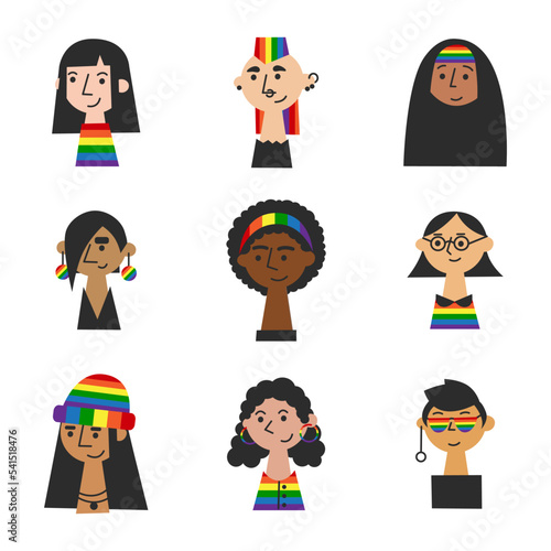 Female lgbt faces of various races, skin tones and hairstyles. Girl power and pride concept. Women diversity and equality flat vector illustration set.