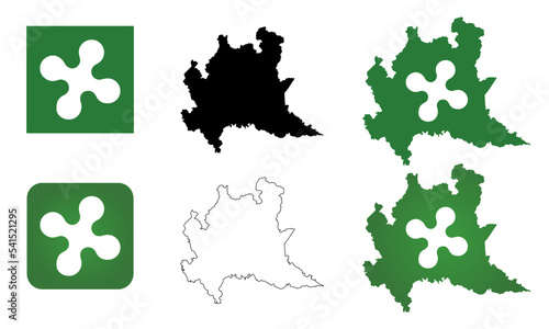 Illustrazione vettoriale silhouette Lombardia, stemma effigie simbolo bandiera a colori

