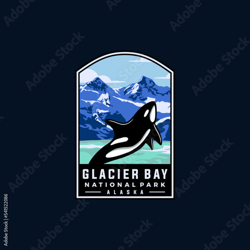 Glacier bay national park vector template in badge patch style. Alaska America landmark graphic illustration.