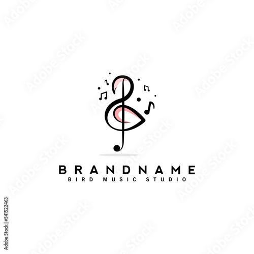 simple flamingo notes music logo design, bird and music logo concept studio record vector template