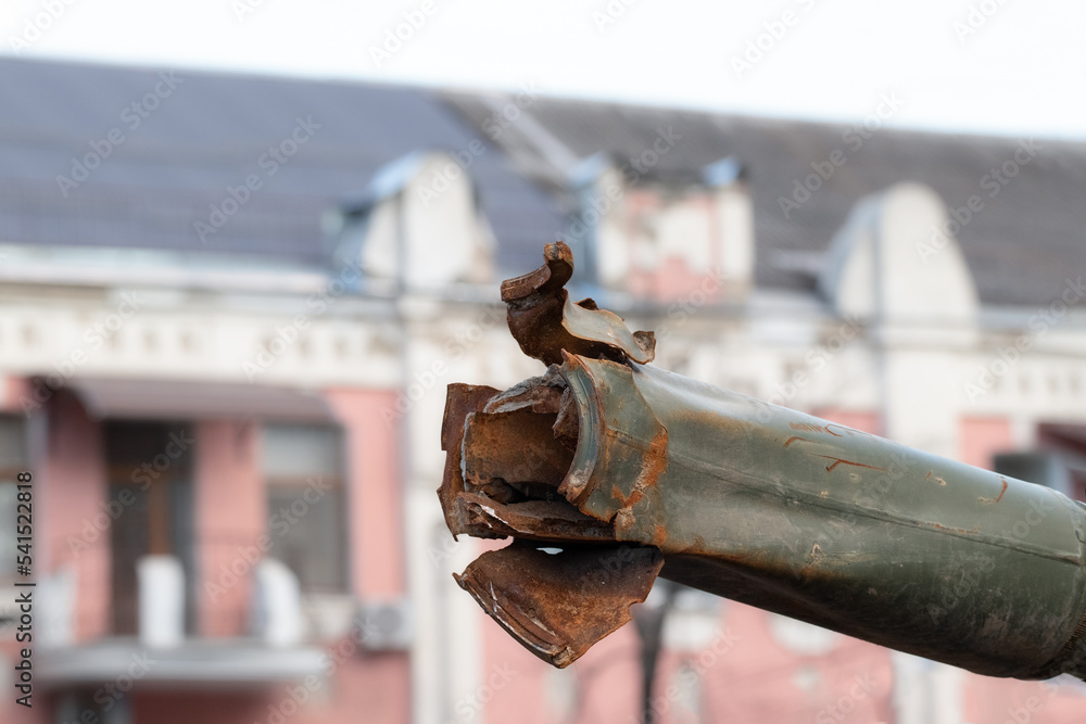 Russian military equipment in Ukraine.A damaged barrel of a T-80 tank at an exhibition of destroyed military equipment in Poltava, Ukraine, September 25, 2022. Russian military equipment in Ukraine.A damaged barrel of a T-80 tank at an exhibition of destroyed military equipment in Poltava, Ukraine, September 25, 2022.
