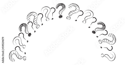 Vector illustration of round frame with hand drawn doodle of different shapes questions marks