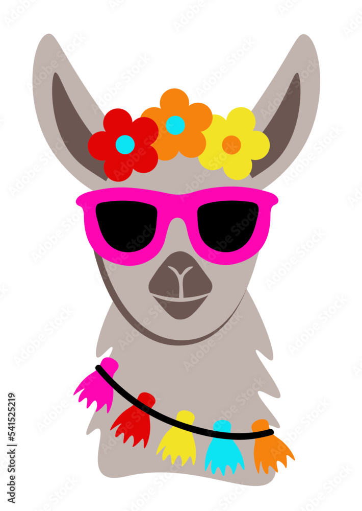 Lama, flowers, sunglasses clipart. Isolated on transparent background.	