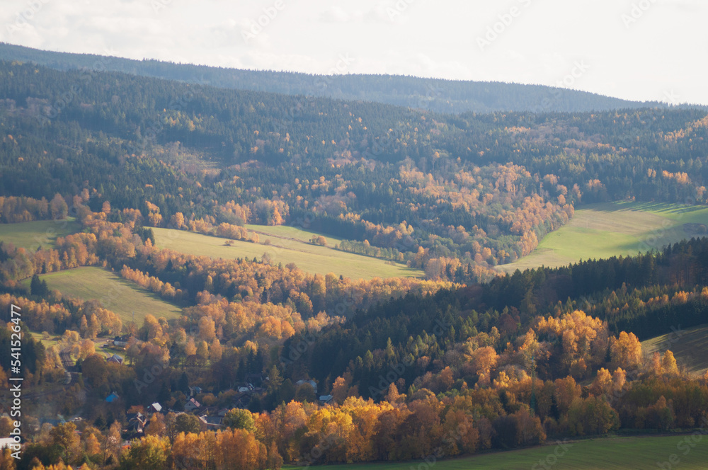 beautiful autumn landscape. view from the mountain to the green fields, trees. tranquility and nature