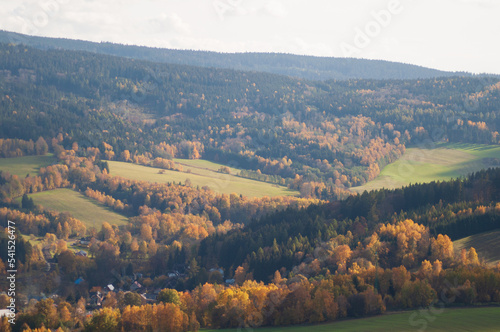 beautiful autumn landscape. view from the mountain to the green fields  trees. tranquility and nature