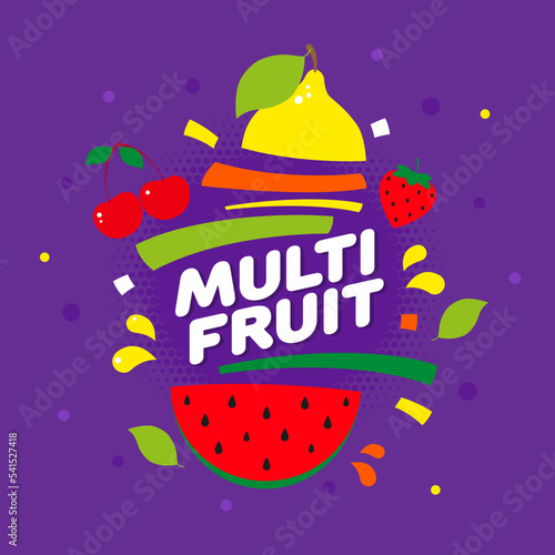 Set of fruits on a lilac background, multifruit label template. Design concept for advertising, labels for juices and drinks. Vector, illustration