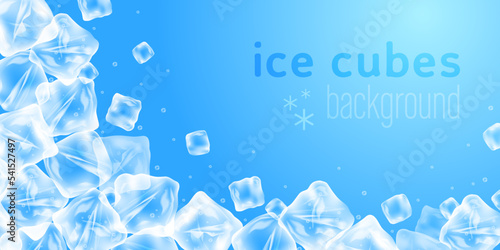 Transparent ice cubes on a blue background with space for text. Elements for the design of cold drinks advertising. Vector, illustration