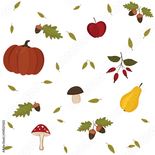 Seamless vector pattern with autumn leaves, berries, pumpkins, mushrooms, fruits