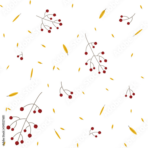 Seamless vector pattern with branches of red berries and yellow leaves