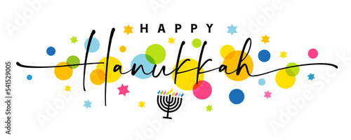 Happy Hanukkah, greetings banner with elegant lettering and colored stars. Jewish holiday Hanukka greeting card traditional Chanukah symbol menorah candles. Vector template