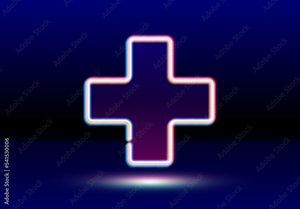 Plus neon sign in the dark room. Shiny cross emblem or icon. Plus neon sign in the dark room. Shiny cross emblem or icon.