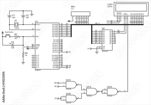 Vector electrical schematic diagram of the lcd display which runs under the control of a 8051 microcontroller. Design makes demonstrates how an 8051 can be used to drive a alphanumeric LCD display.