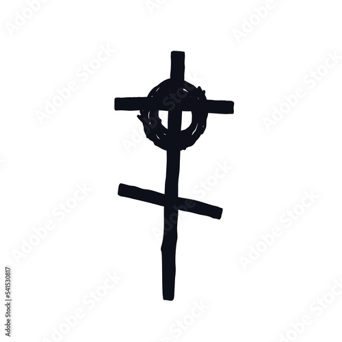 Gravestone old wood cross logo icon sign Wreath emblem Hand drawn ink sketch Vintage scary design Ancient doodle style Fashion print clothes apparel greeting invitation card cover flyer poster banner