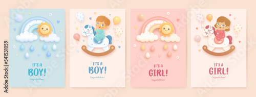Set of baby shower invitation with cartoon girl, boy, rocking horse, rainbow, sun on pink, blue, beige background. It's a girl. It's a boy. Vector illustration