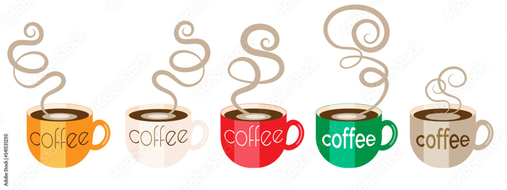 A set of multicolored cups with steaming coffee