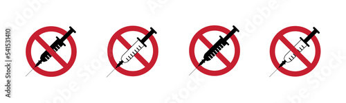 No injection vector icon. Medical syringe icon in red circle. Vector eps10