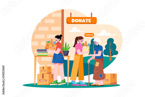 Group of volunteers giving charity gifts to the poor