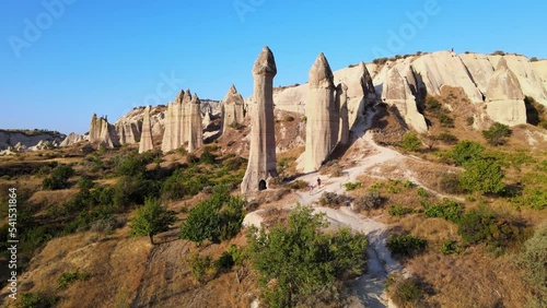 Love Valley to Uchisar Castle. one of the most popular hiking trails in Cappadocia, Turkey. Rock formations is set just outside of Goreme. 4k