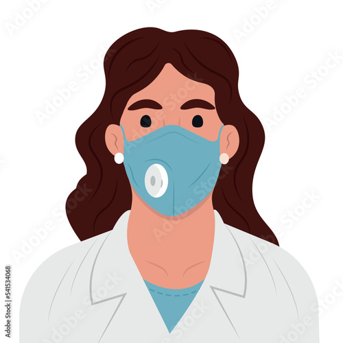 Female doctor in lab coat, mask and headdress.Flat vector illustration