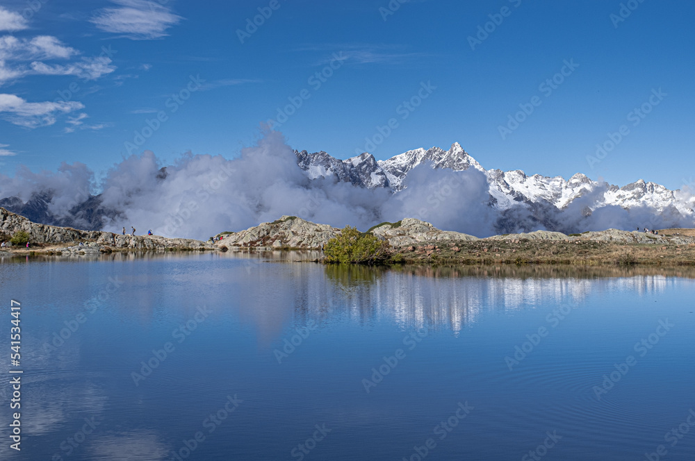 View of the bigger Lac Besson and the smaller Lac Rond , located near the ski resort of Alpe d'Huez, Grand Rousses, Isere, France