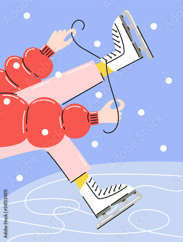 Girl in a red jacket puts on skates on the ice rink. Hand drawn vector illustration in modern flat style. Stylish winter poster.