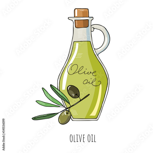 Mediterranean diet foods sketch olives and leaves, olive oil in a glass bottle isolated on white background 