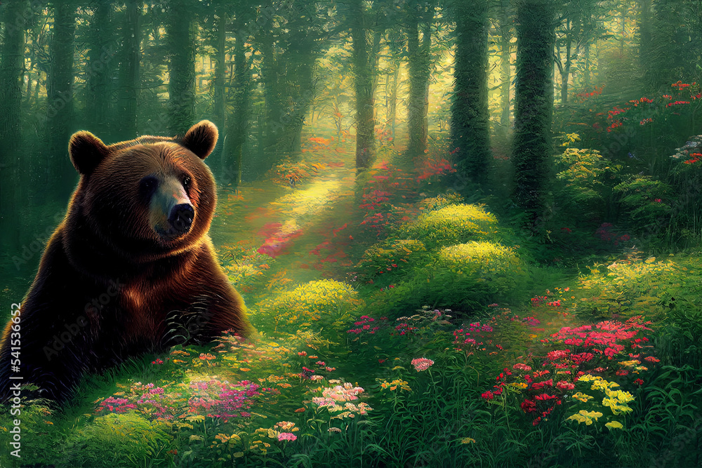 Bear on a green background with flowers in the forest. Illustration for ...