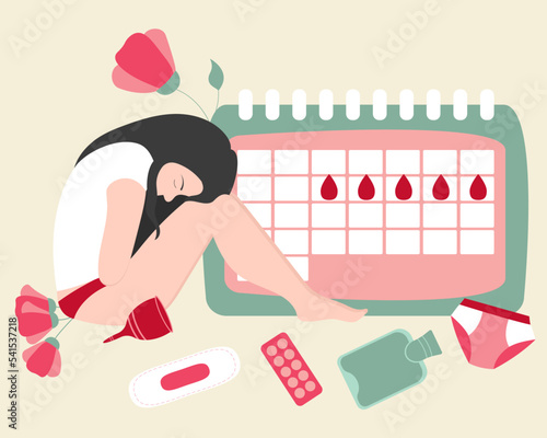 Girl with menstrual pains. Women menstruating health cycle. Cramps period. Menstruation concept. Flat vector.	

