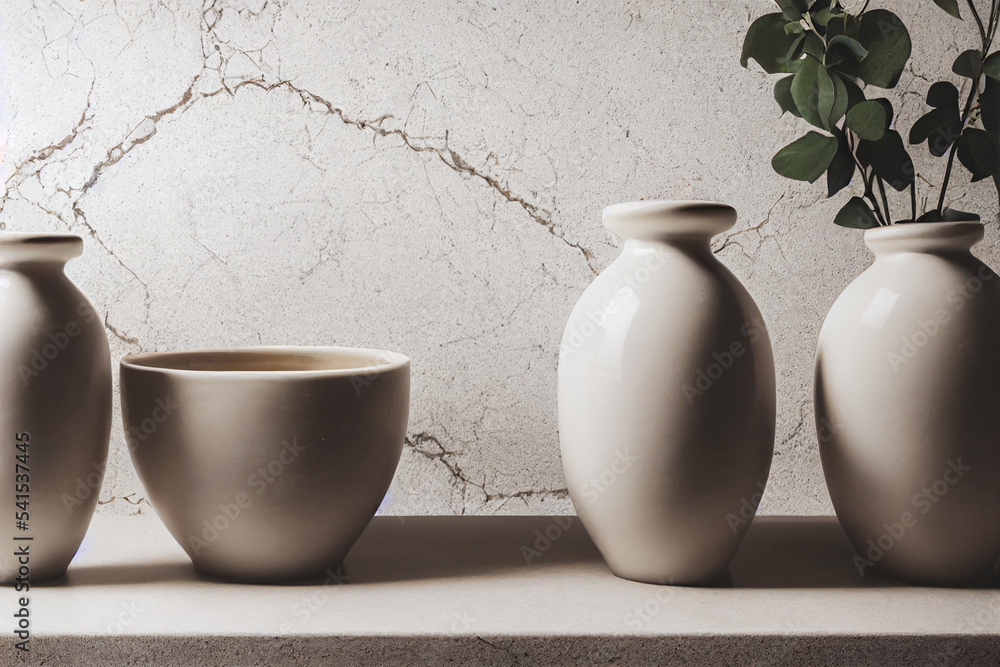 Beautiful ceramic pots with plant on natural stone marble background
