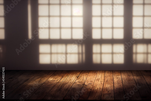  Studio background with wooden floor and natural sunlight. Product presentation, mockup. 3d illustration.