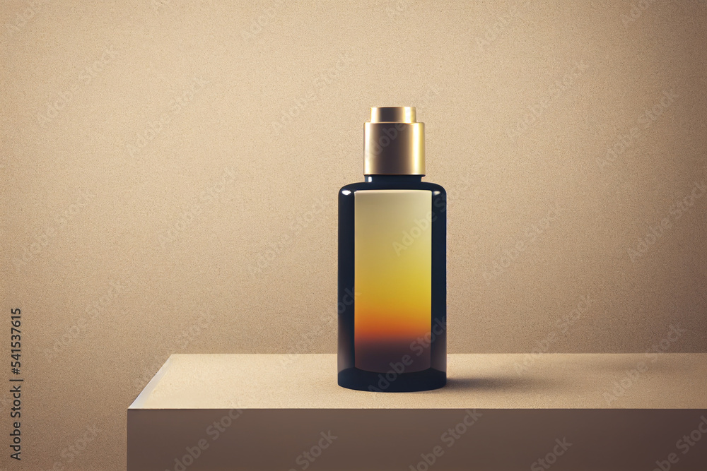 Naklejka premium Cosmetic bottle packaging mockup. Natural marble stone background. Product presentation 3d illustration. 11