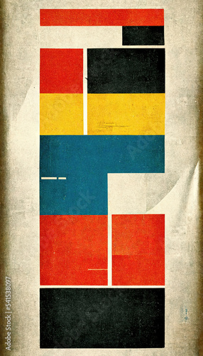 Old abstract Bauhaus poster on an grunge, yellow, vintage paper, retro stile, geometric shapes, lines squares, black, teal, dark blue, orange, yellow, gray colorful background with copy space for text