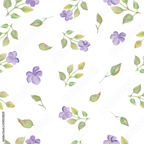 Watercolor gentle floral seamless pattern with violets, leaves. Hand drawn flowers  illustration isolated on white  background. For packaging, wallpaper, wrapping  design or print. Vector EPS.