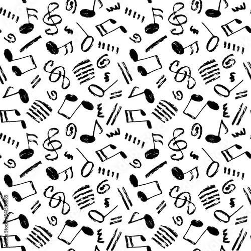 Vector seamless black and white hand-drawn pattern with swirls, stripes, musical notes and treble clef. Grunge music theme minimalistic backdrop.